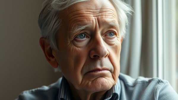 Portrait of an elderly man reflecting, representing financial struggles of older Americans.