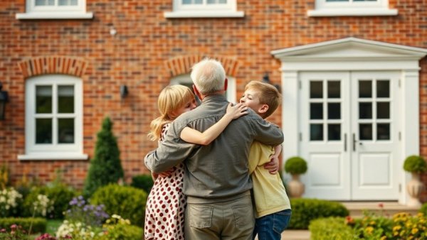 Elderly man with grandchildren in front of brick house discussing family home in trust.