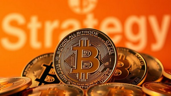 Bitcoin coins with orange Strategy logo background, buy sell MicroStrategy stock.