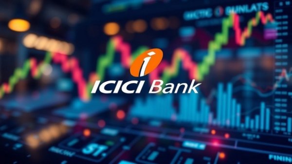 ICICI Bank logo with digital finance theme, buy sell business.