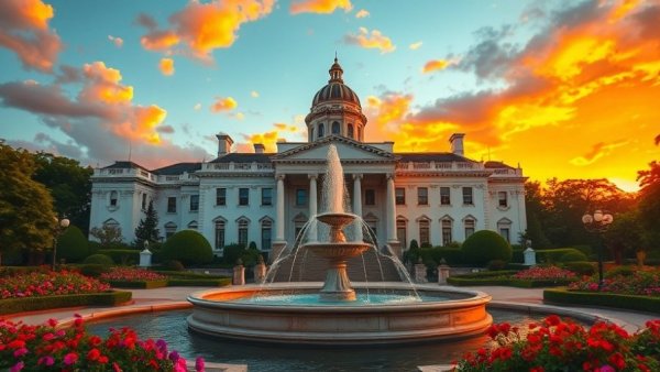 Majestic historic building with sunset sky.