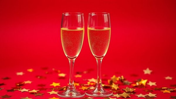 Empty champagne flutes and gold confetti symbolize January decisions impacting business success.