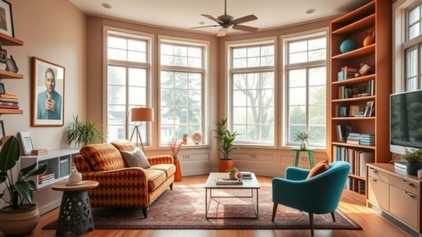 Cozy living room with upcycled IKEA chair and vibrant decor.