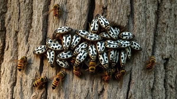 Spotted lanternflies and hornets on tree, feeding on honeydew.