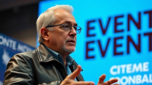 Focused older man in a leather jacket speaking at an event.