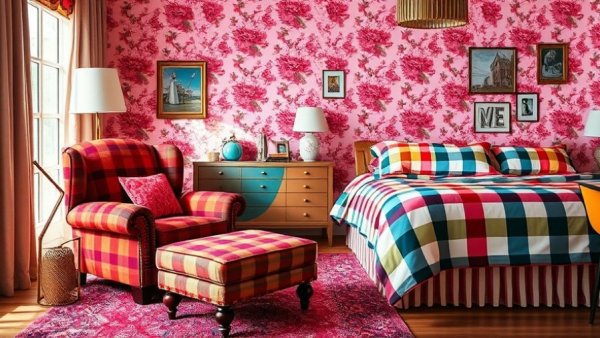 Retro bedroom with floral wallpaper and plaid decor showcasing outdated design trends.