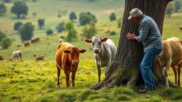 Tree care with man and cows exploring a stump in a green field.