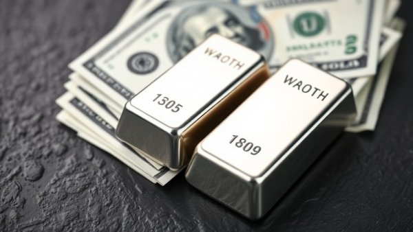 Silver bars and dollar bills on dark surface, highlighting silver price in import-export.