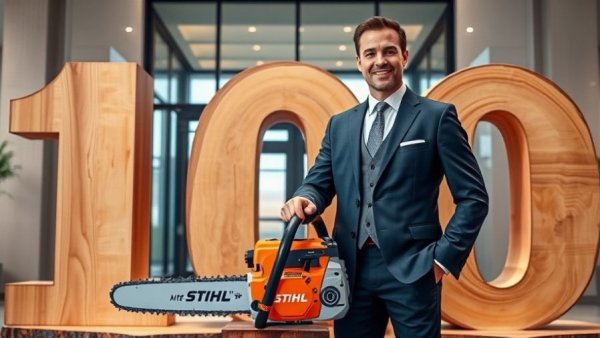 STIHL 100th anniversary milestone with man and chainsaw indoors.