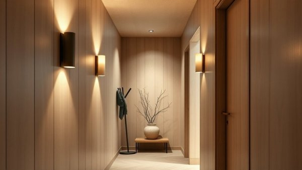 Modernist ski house hallway with wood paneling and stylish lighting in Australia.