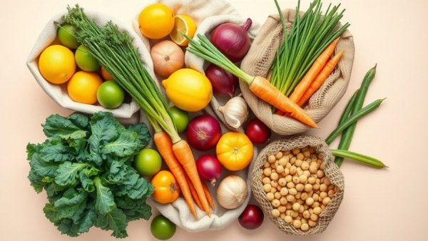 Assorted fresh produce in eco bags highlighting number one nutrient for long-term health.