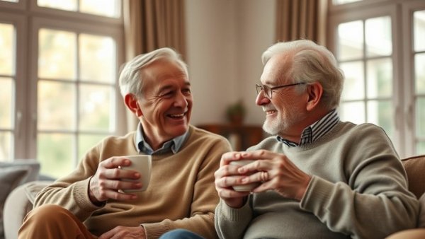 Happy older couple enjoying coffee together indoors, illustrating delaying retirement increases Social Security payouts.