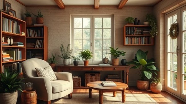 Cozy living room with bookshelves and rustic decor, highlighting design mistakes.