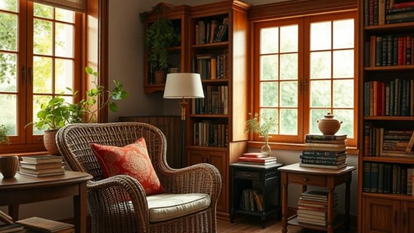 Cozy living room corner with wicker chair and bookshelves, living room design mistakes.