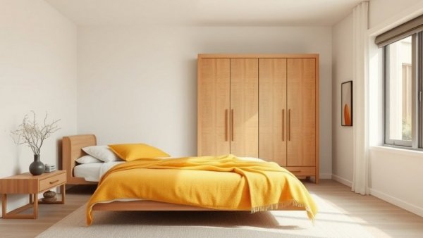 Minimalist bedroom with sustainable wool blanket.