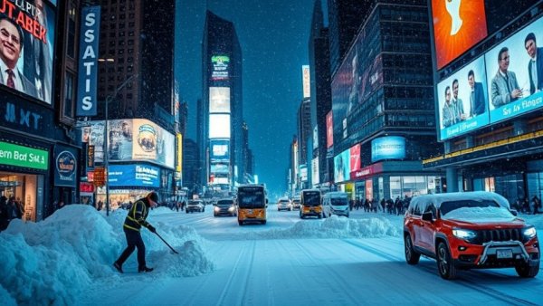 Massive Winter Storm hits businesses; city workers clear heavy snow.