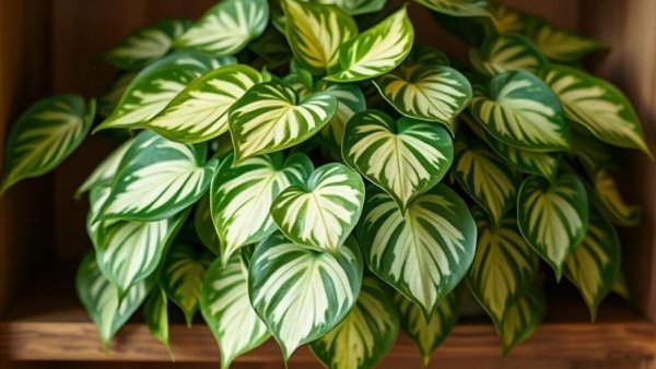 Variegated pothos for air-purifying effect on wooden shelf.