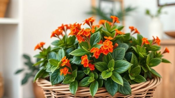 Lifelike kalanchoe plant care in indoor wicker basket scene.