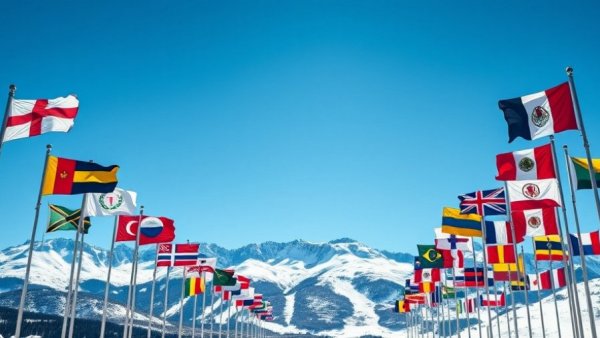 International flags at World Economic Forum in Davos, snowy mountains backdrop.