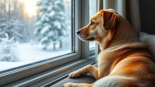 Dog observing snow outside, winter landscaping tips scene