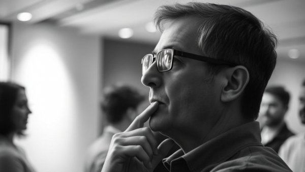 Man discussing in monochrome setting related to AI Ethics in Law Enforcement.