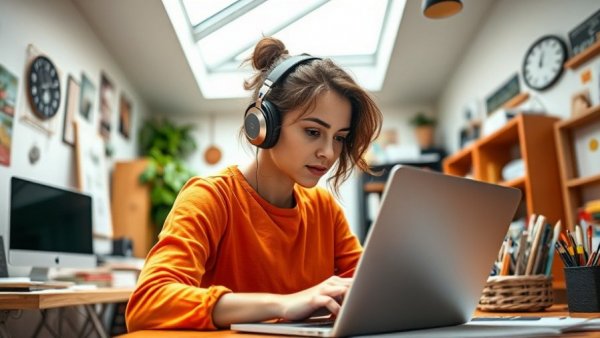 Young woman engaging in side hustles, working on laptop in creative home office.