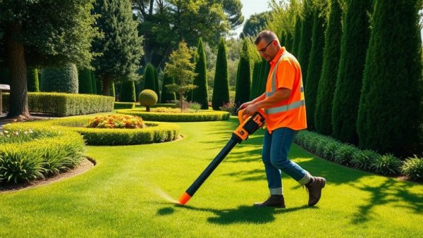 Diligent worker providing lawn care services near me, using a leaf blower in a garden setting.