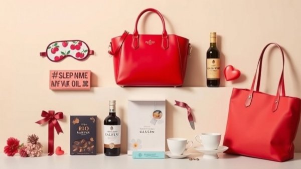 Vibrant Galentine's Day gifts including handbag, chocolate, and teacup.