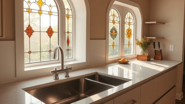 Elegant kitchen with designer-approved sinks and stained glass window.