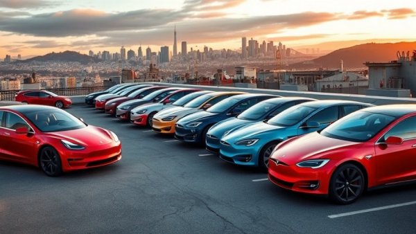 Line of Tesla cars at sunset on a rooftop, city skyline in background.