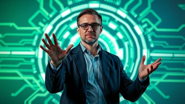 Futuristic man gesturing with tech symbol backdrop. AI Will Change the Way We Work.