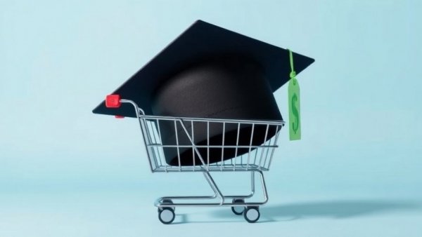 Graduation cap in shopping cart with dollar tag, student loan costs concept.