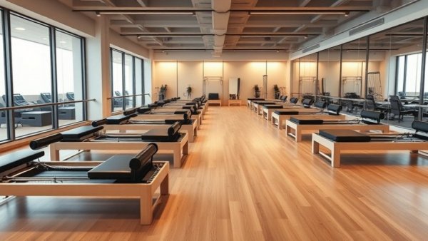 Modern studio with pilates reformer machines in rows.