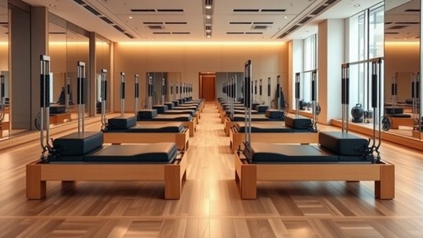 Modern studio with luxury Pilates reformers and ambient lighting.