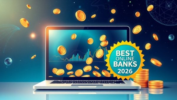 Vibrant illustration of the best online banks for 2026 with laptop and badge.