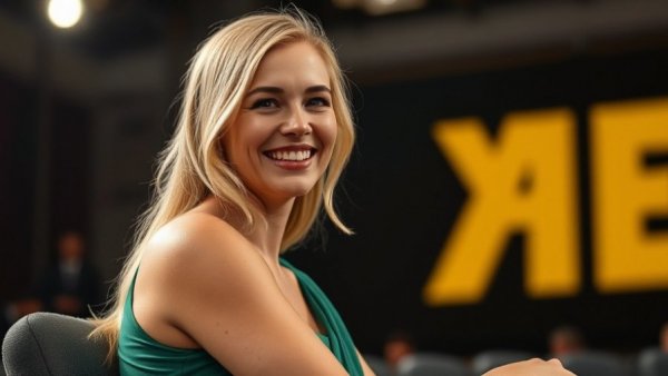 Smiling woman in green dress on stage, iconic movie homes discussion.