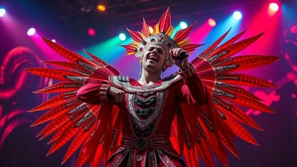 Energetic performer on stage with elaborate costume, vibrant lighting.