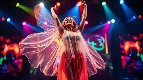 Eccentric performer onstage capturing lively concert ambiance.