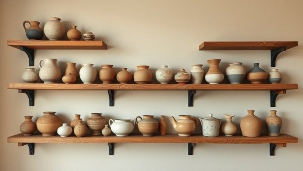 Assorted vintage pottery on wooden shelves for online antique auctions.