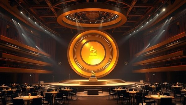 2026 Grammy Awards Stage Design with golden backdrop and seating.