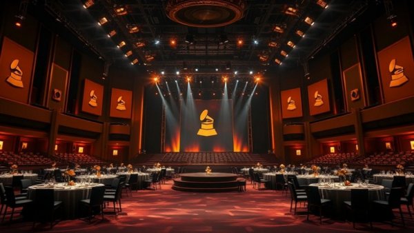 Grand 2026 Grammy Awards stage design with warm golden tones.