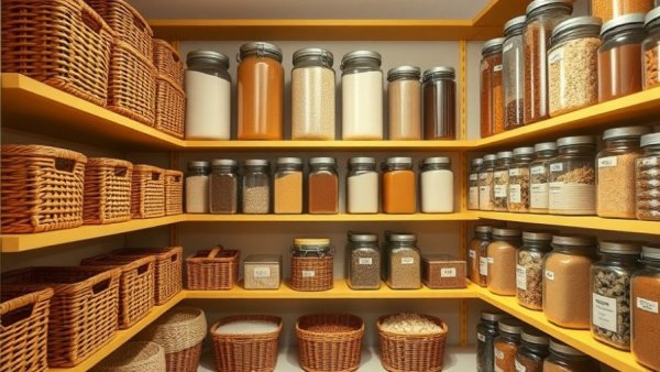 February organizing tips: a well-organized pantry with wicker baskets.