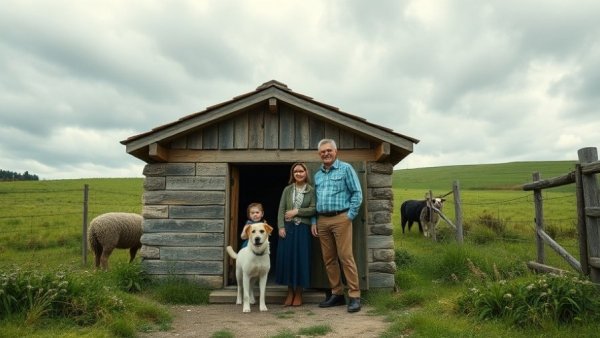 Family at converted sheep shed entrance in lush rural setting