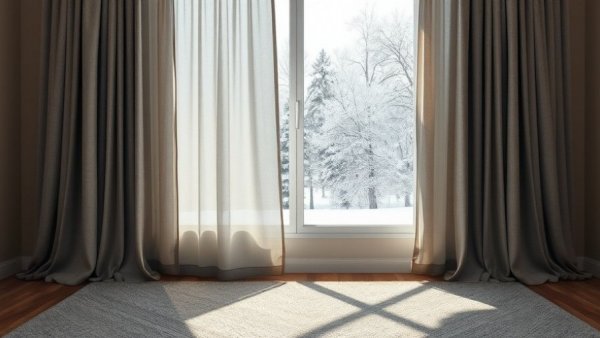 Elegant thermal curtains with snowy view outside, cozy sunlight on rug.