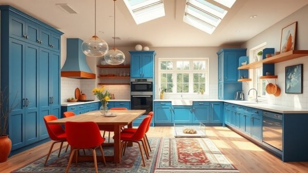 Budget-friendly home decor tips for modern kitchens with blue cabinetry.