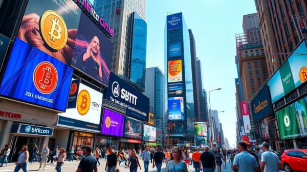 City billboards showing Bitcoin signs highlight price drop topic.