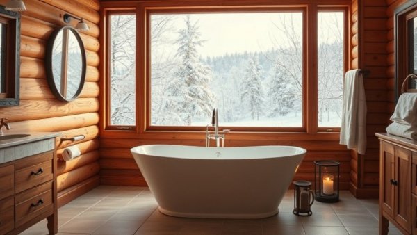 Rustic bathroom trends 2026 with a freestanding tub and snowy view