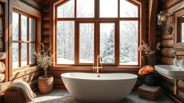 Rustic bathroom with snowy view showcasing 2026 trends.