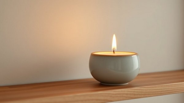 Elegant ceramic candle holder with lit candle, stylish winter decor, warm wooden background.