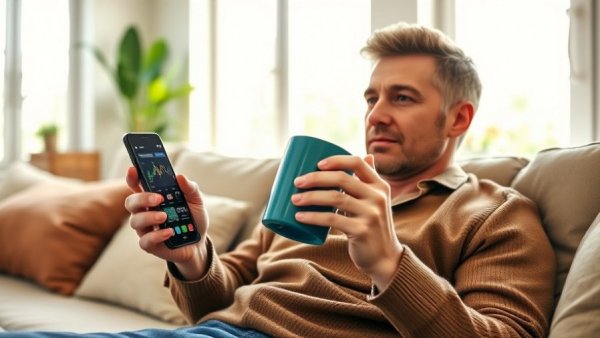 Person rebalancing your portfolio on smartphone with mug.